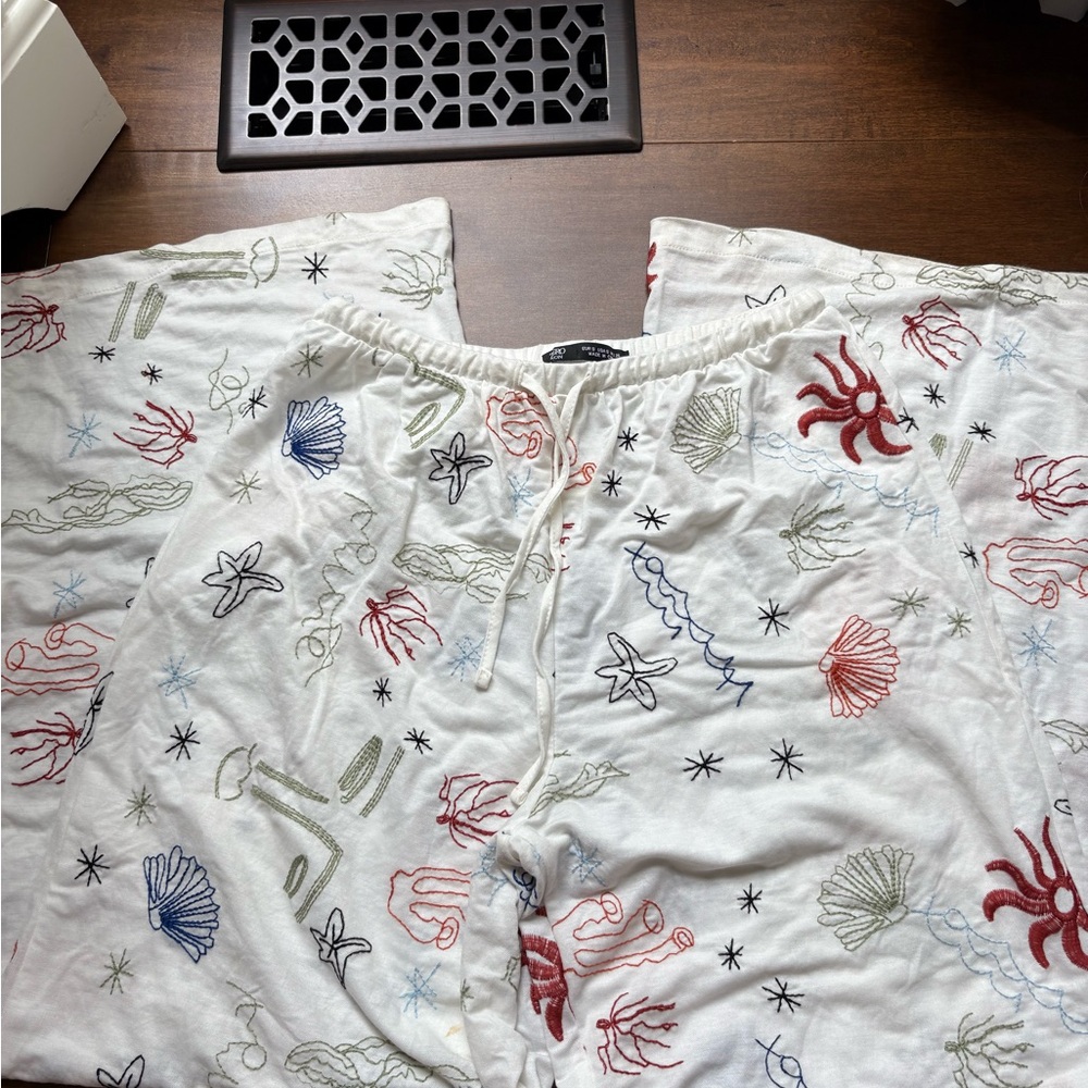White Drawstring Pants with Sea Life Embroidery worn once super rare